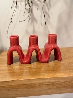 Ceramic Triple Candle Holder in Coral Red